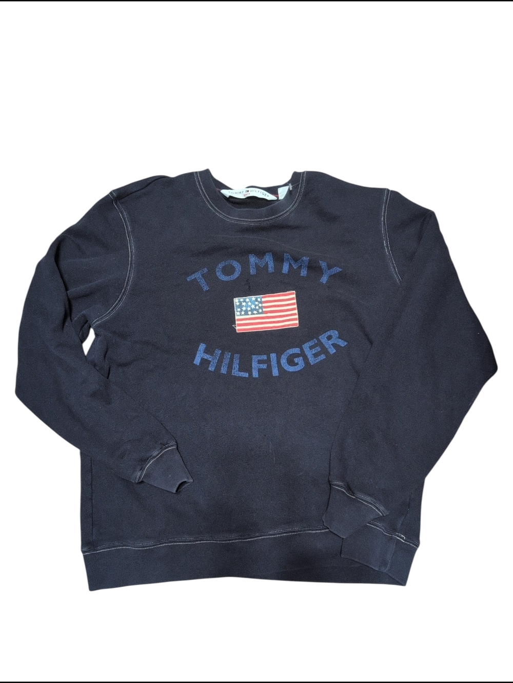 Vintage Tommy Hilfiger Navy Crewneck with Flag Graphic